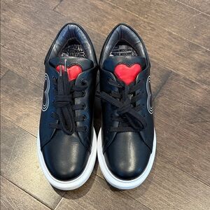 Love Moschino Black Leather Sneakers with Red Heart Tongue